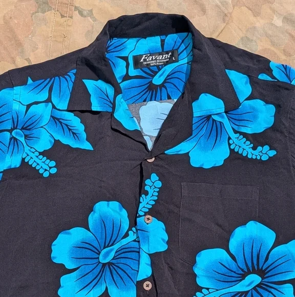 NWT Favant Rayon Hawaiian Hibiscus Button Up Shirt Never Worn Black Blu Sz L - Picture 2 of 11